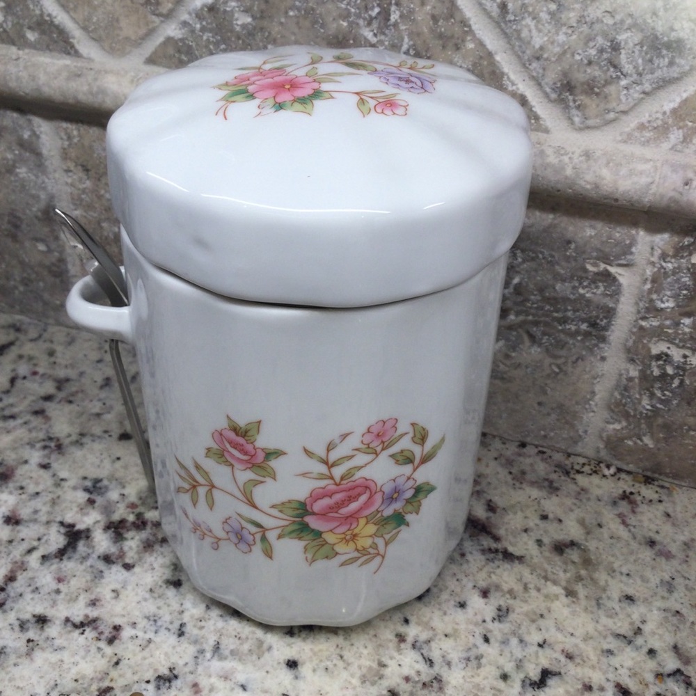 Vintage Floral Porcelain Canister w/spoon holder.